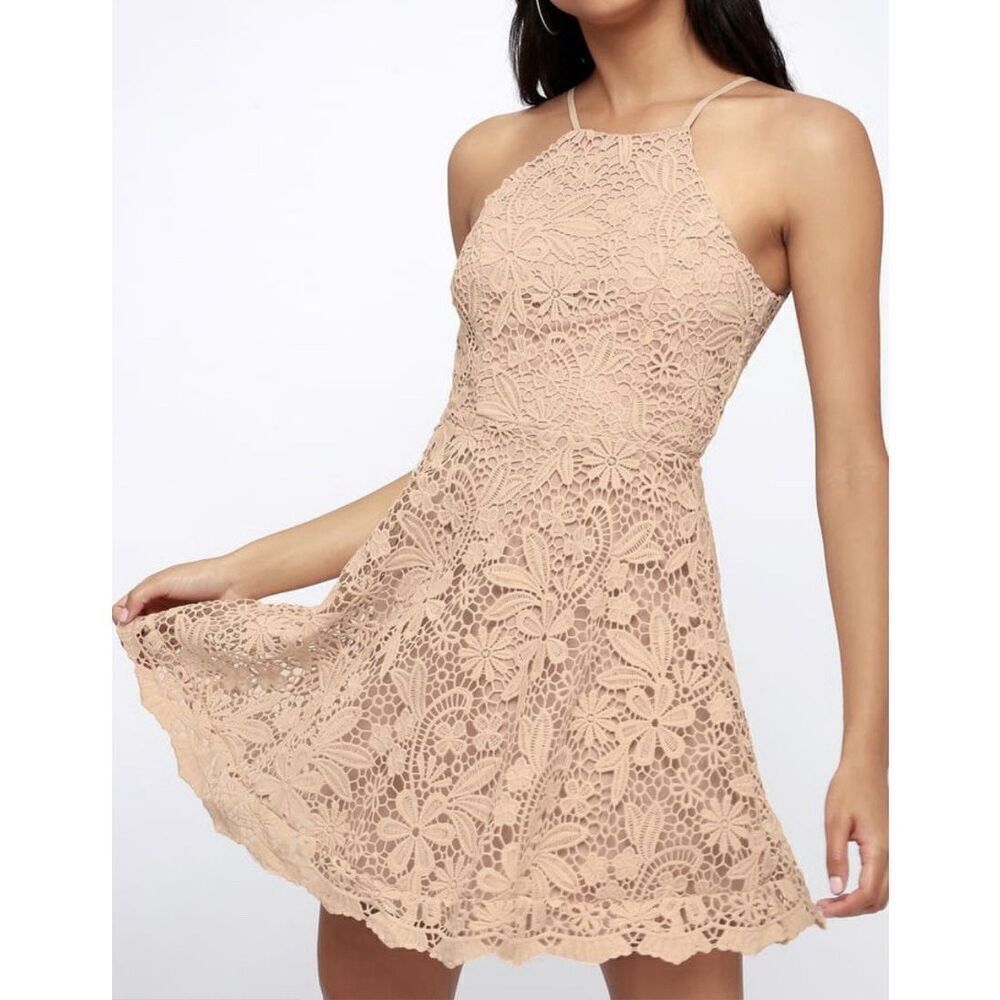 Lulus Love in the Air Nude Lace Skater Dress Size Small NWT